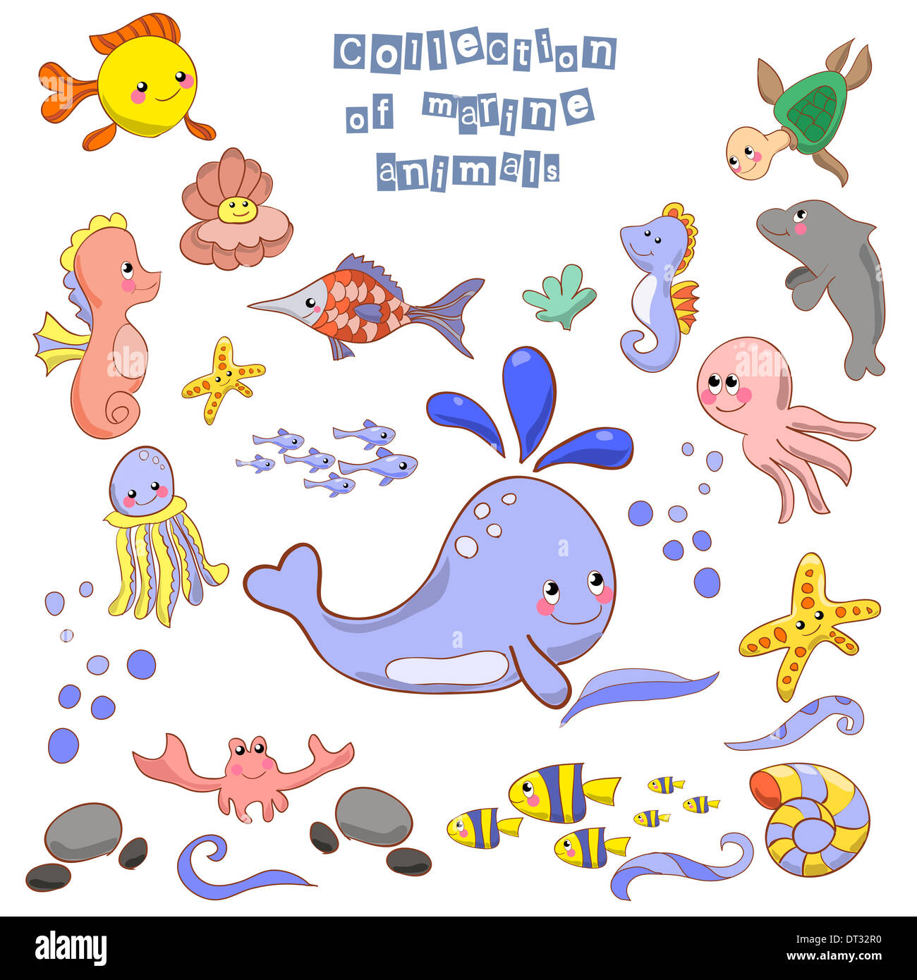 Sammlung von Meerestieren und Fischen. Stockfoto