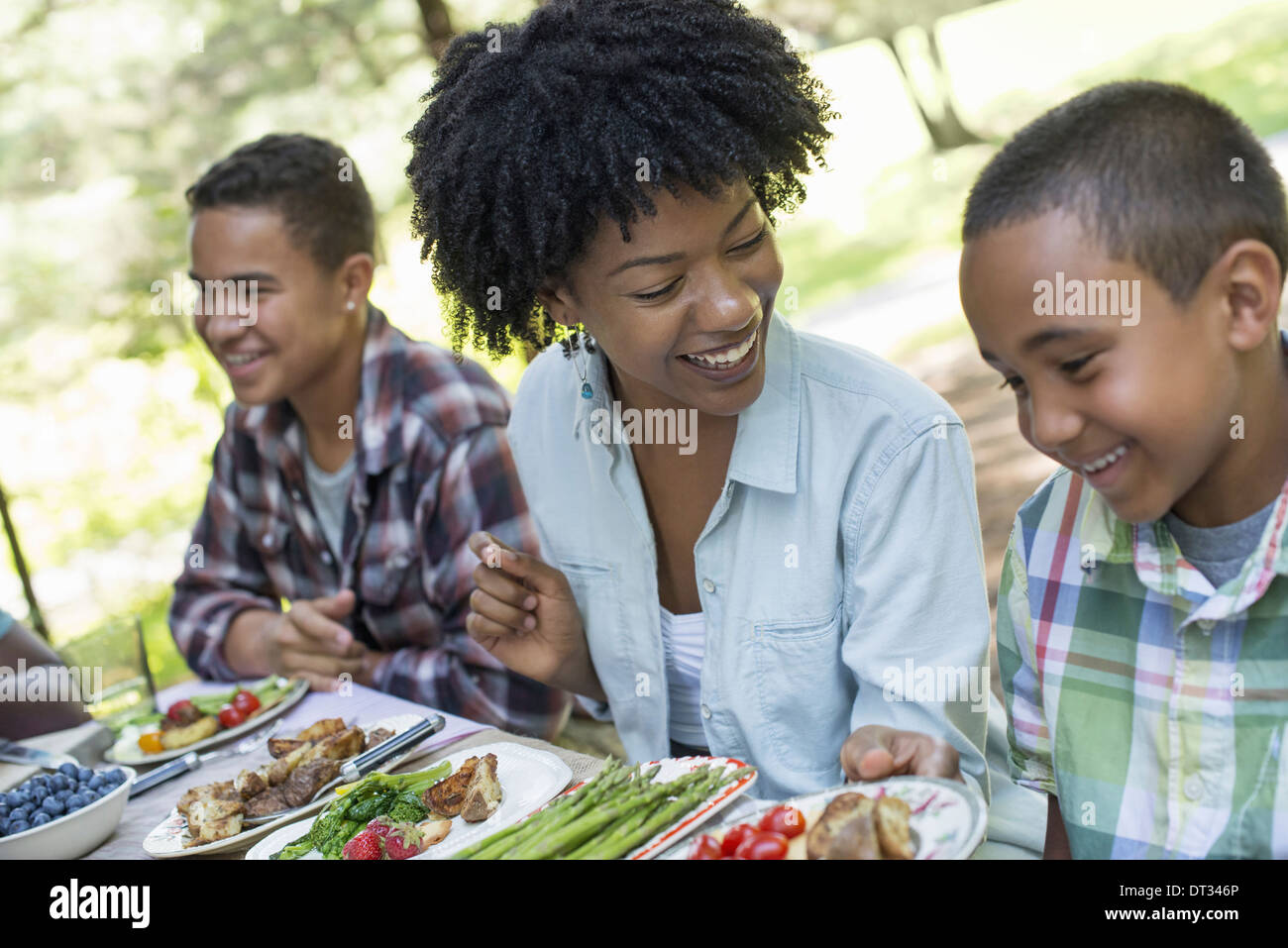 Ein Familien-Picknick in einer schattigen Wald A Frau und zwei jungen sitzen, lachen Stockfoto