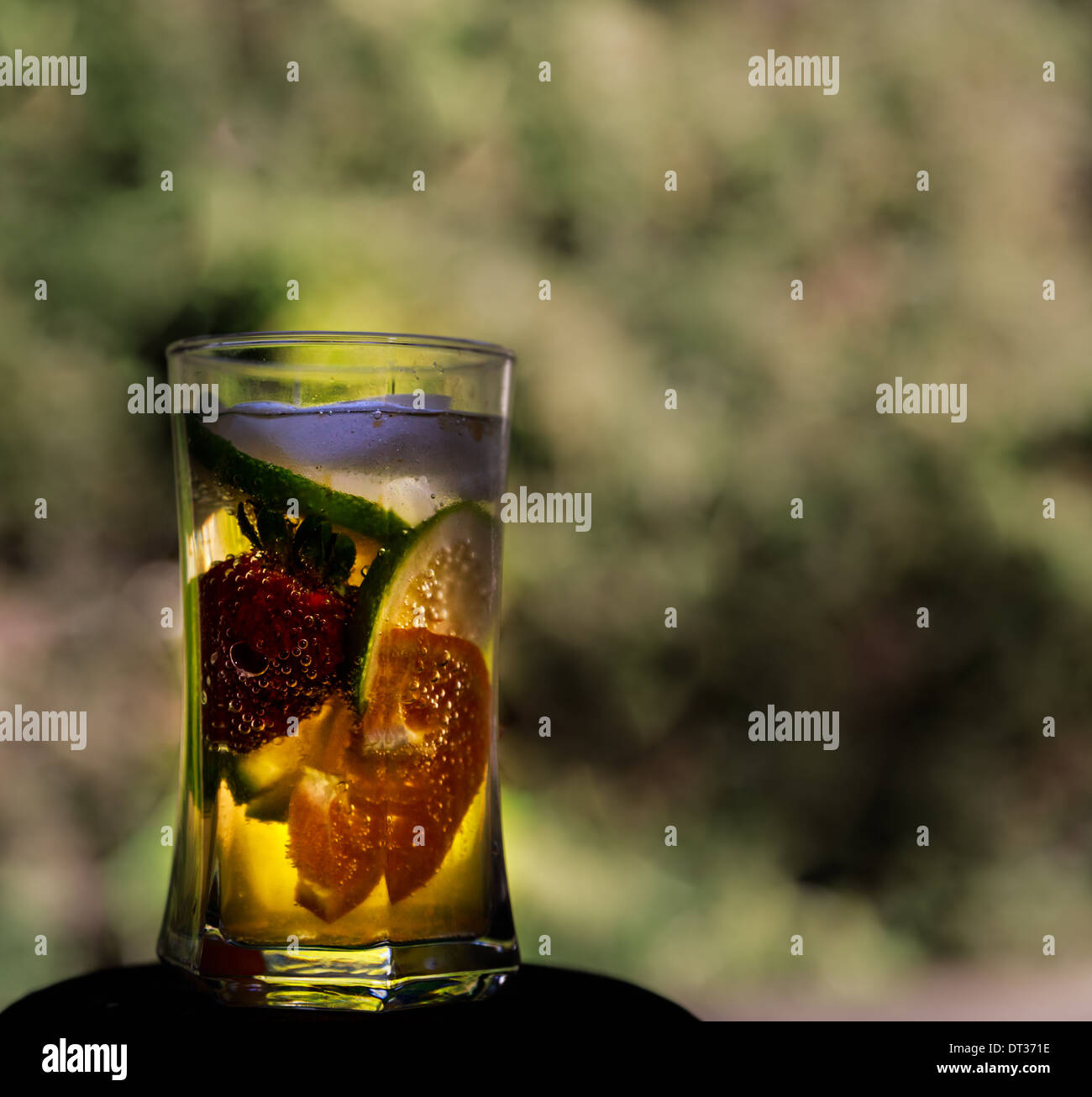 Erfrischendes Glas; eisige Schampus trinken mit Beeren und Zitrusfrüchten Stockfoto