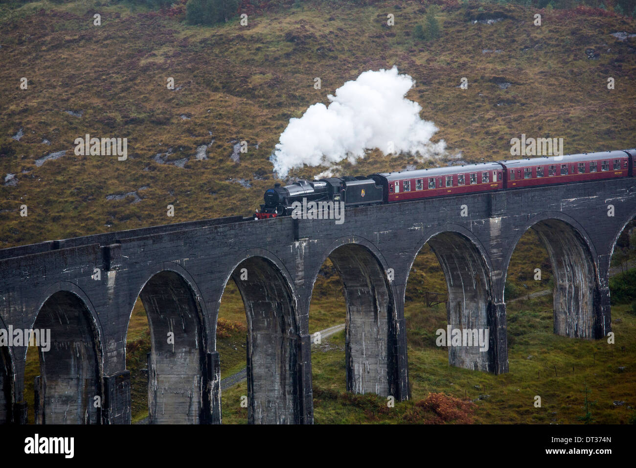 Die Jacobite Steam Engine auf der West Highland Line überqueren das Glenfinnan-Viadukt Stockfoto