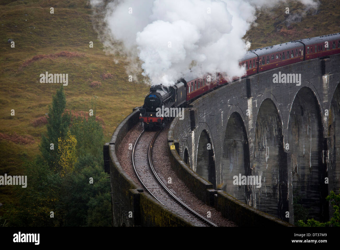 Die Jacobite Steam Engine auf der West Highland Line überqueren das Glenfinnan-Viadukt Stockfoto