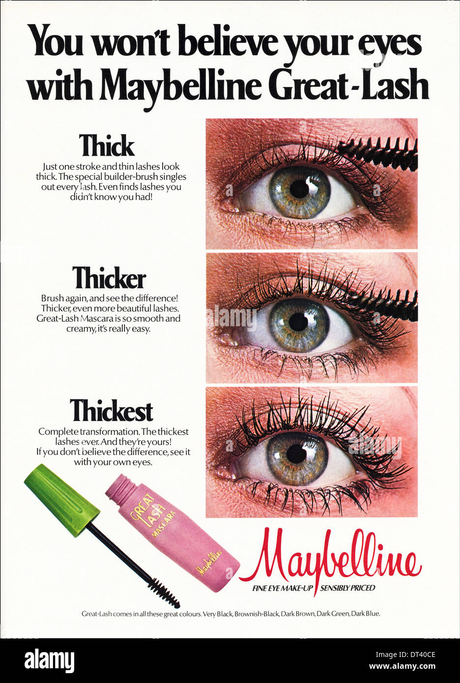 1970er Jahre Mode Magazin Werbung Werbung MAYBELLINE Mascara, Anzeige ca. 1975 Stockfoto