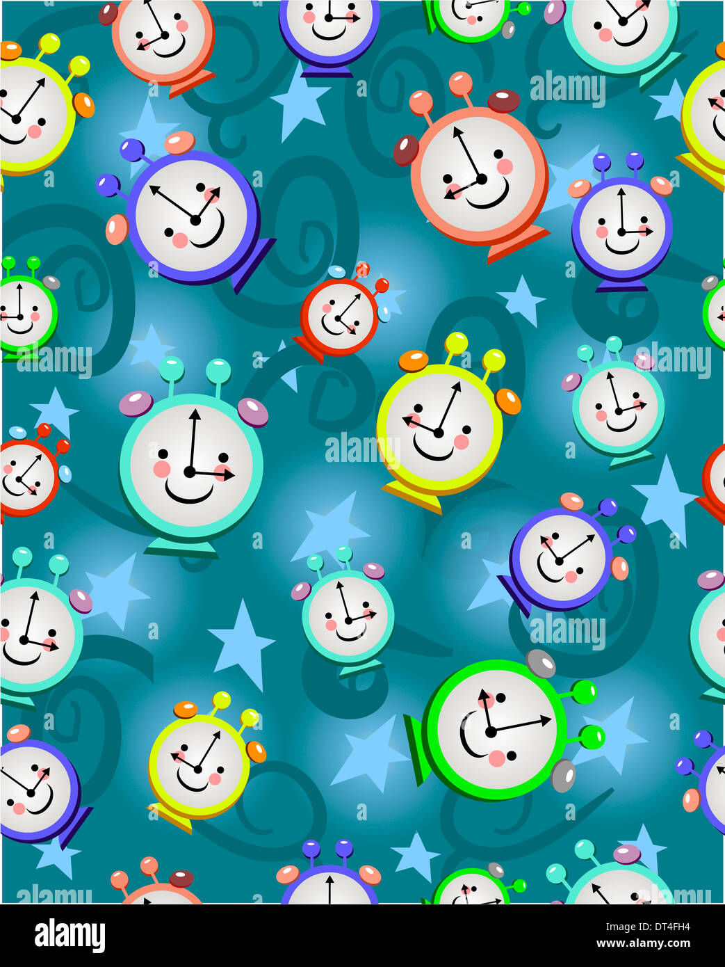 Nahtlose Muster mit lustigen bunten Wecker in der Nacht in Stockfoto