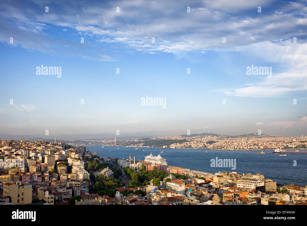 Istanbul-Stadt in der Türkei, Bosporus-Meerenge zwischen Beyoglu und Üsküdar Bezirk, am späten Nachmittag. Stockfoto