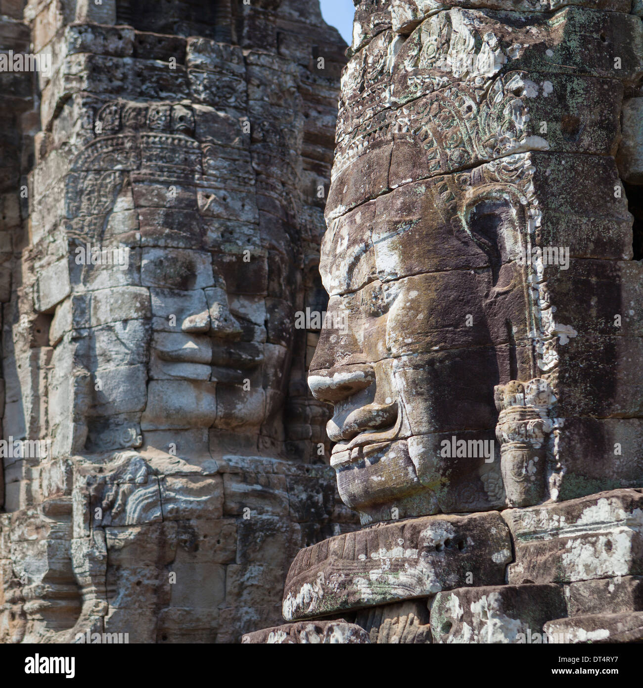 Gesichter von Avalokiteshvara, Bayon Tempel, Angkor Thom, Kambodscha Stockfoto