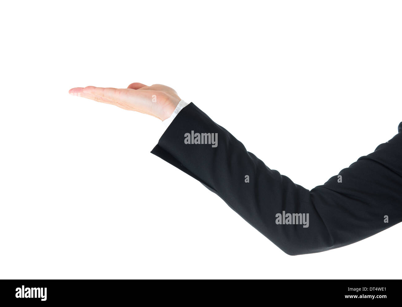 Verlängerter Arm mit der Hand oben auf weißem Hintergrund Stockfoto