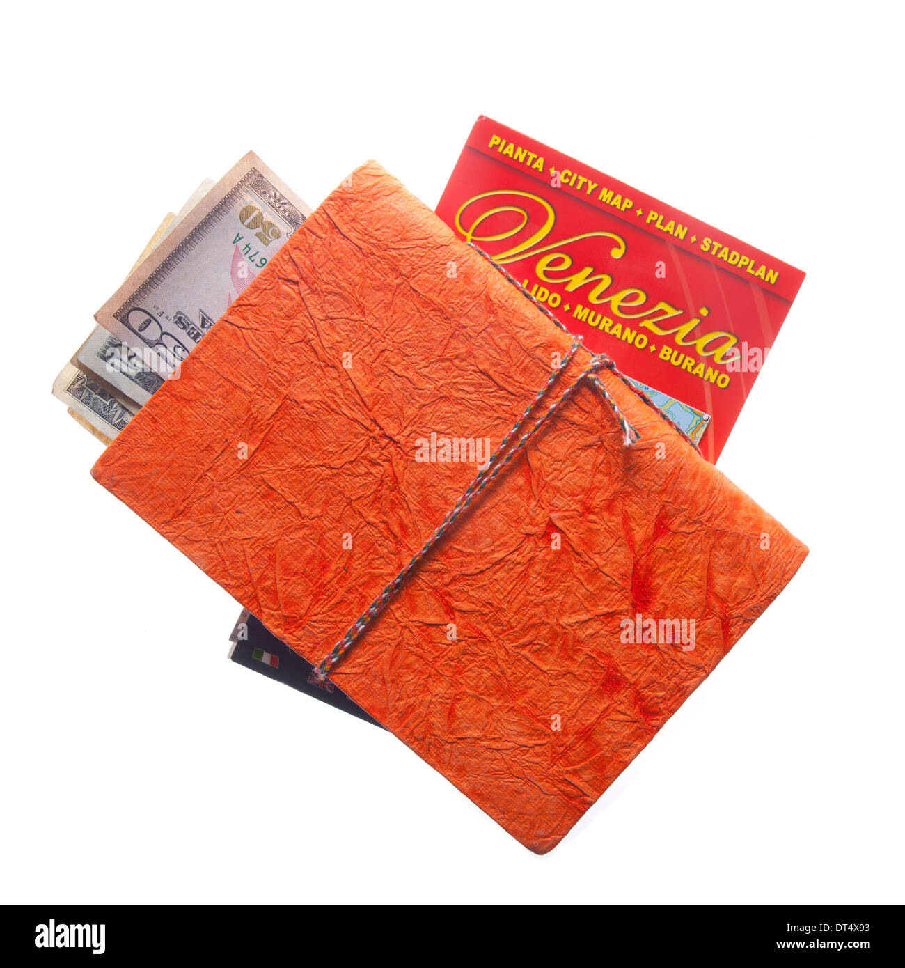 Anordnung von US-Dollar, Karte und Notizblock Reisetagebuch Stockfoto