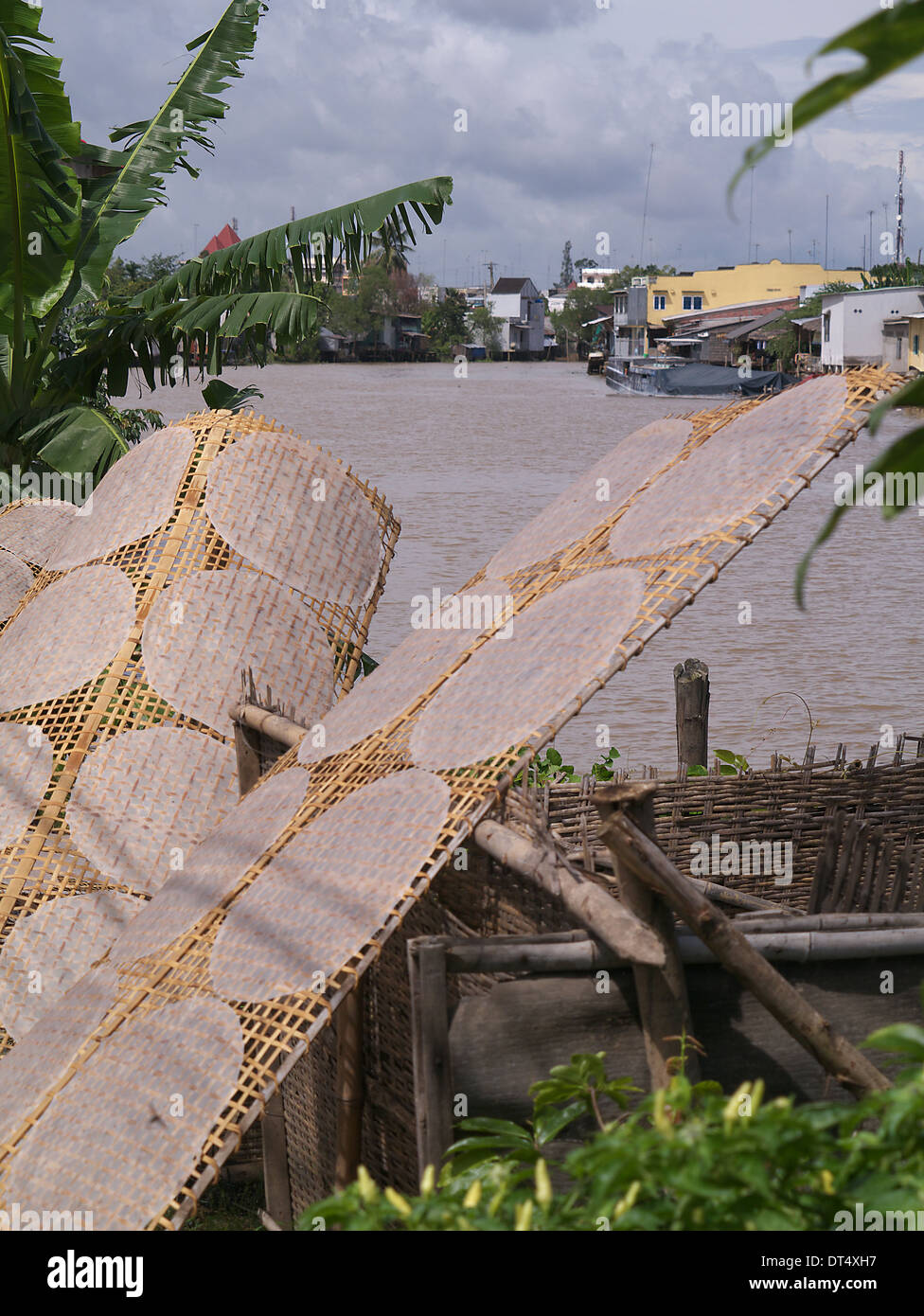 Frühlingsrolle Wrapper gemacht aus Reispapier, trocknen in der Sonne durch den Mekong Kambodscha Stockfoto