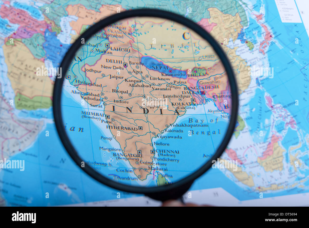 Karte von Europa, Lupe: Sie gerichtet auf Indien Stockfoto