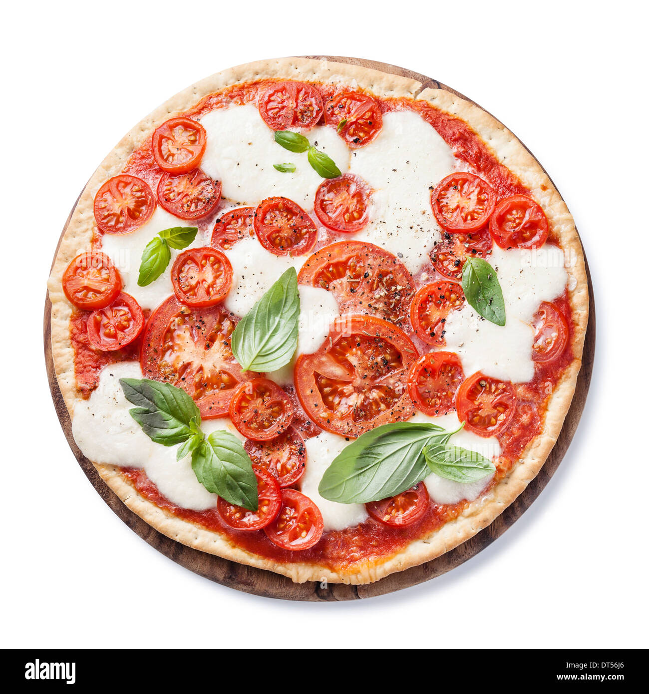 Italienische Pizza mit Tomaten und Mozzarella auf weißem Hintergrund Stockfoto