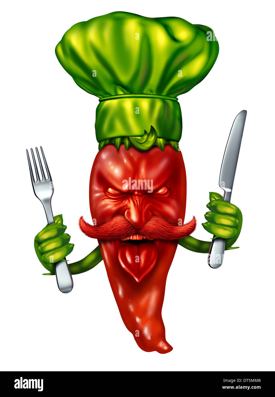 Würzige Küche Food-Konzept mit heiße rote Paprika Charakter einen grünen Koch Hut hält einen Abendessen Gabel und Messer als symbol Stockfoto