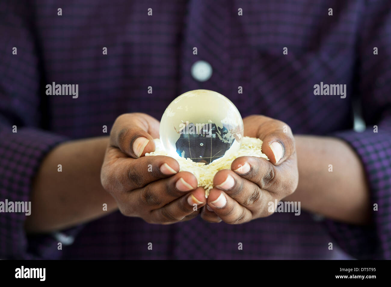 Indische mans Hände halten Reis mit einer Glaskugel, eine globale Nahrungsmittelkrise zu vertreten / Mangel Stockfoto