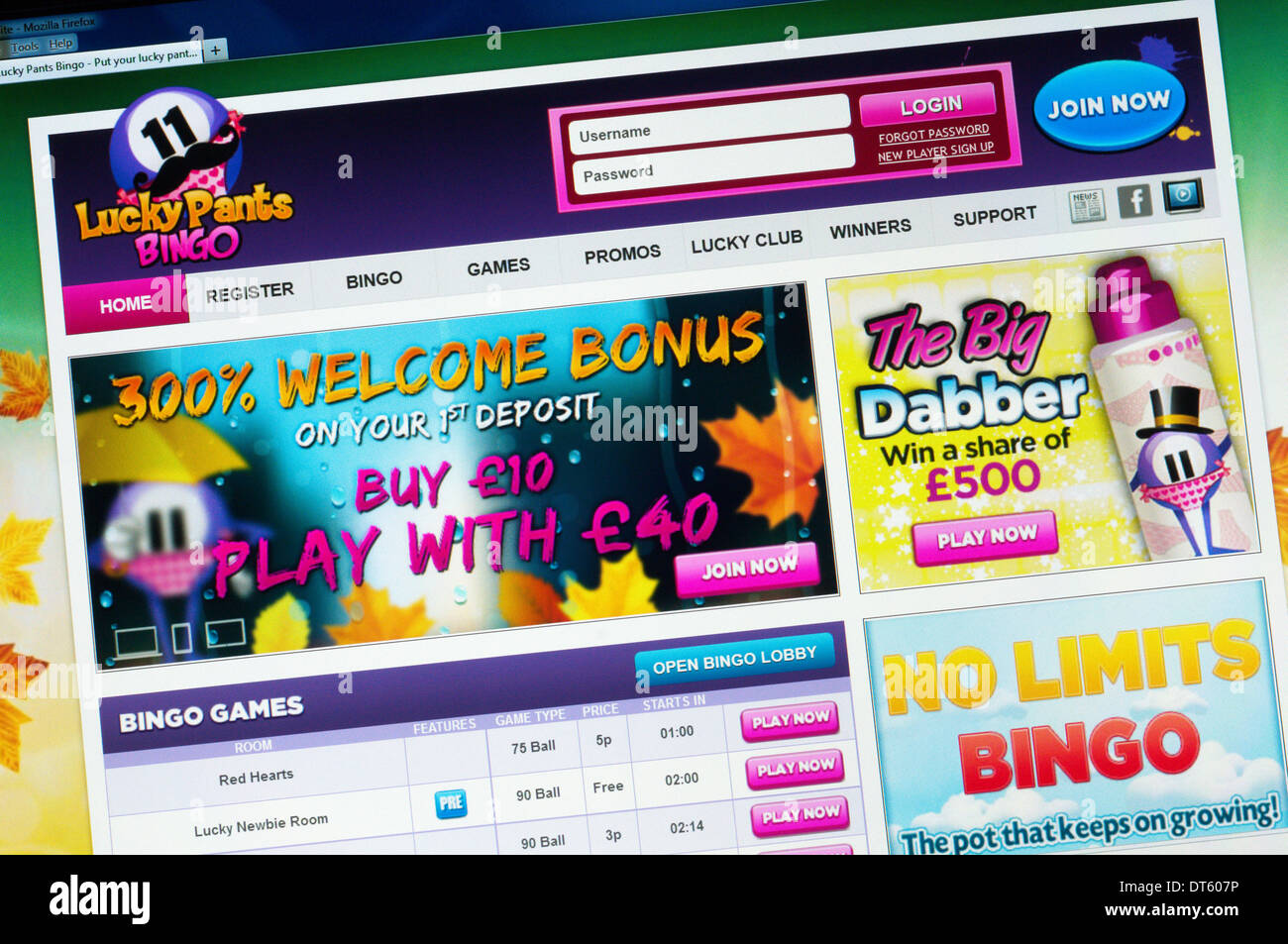 Die Homepage der Lucky Pants-Bingo-Website. Stockfoto