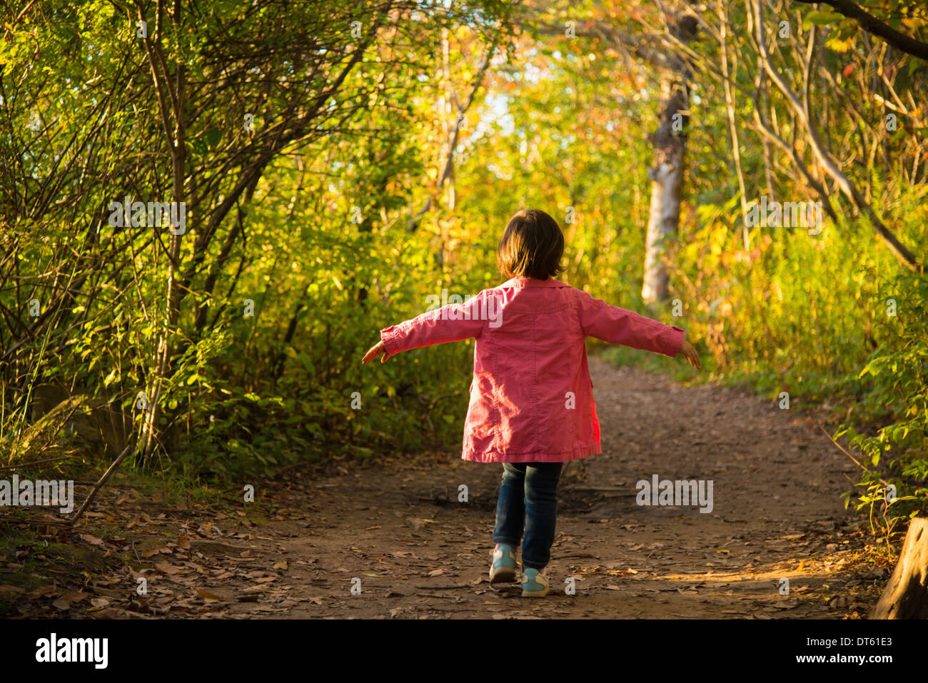Glücklich weiblichen Kleinkind ein Spaziergang durch den herbstlichen Wald Stockfoto
