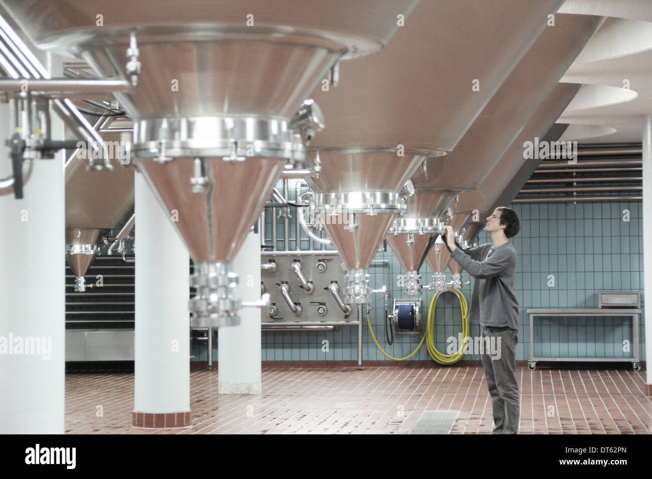 Mann arbeitet in Brauerei Stockfoto