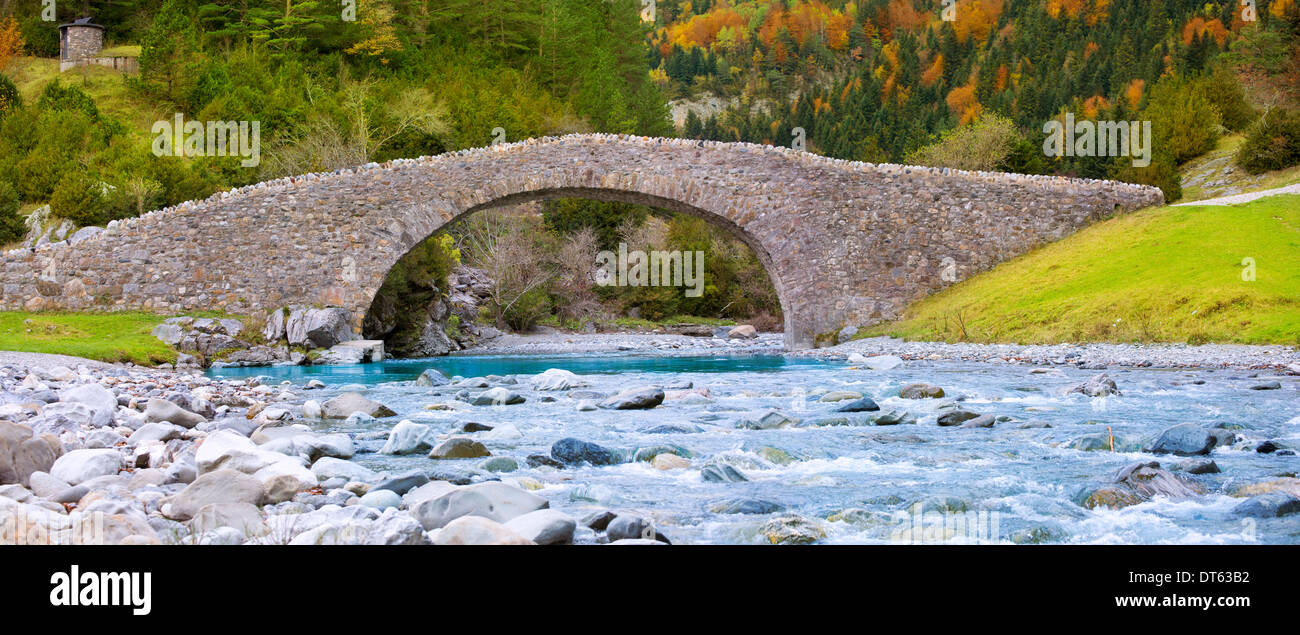 Rio Ara Fluss und Brücke San Nicolas de Bujaruelo im Ordesa Aragón Huesca Spanien Stockfoto