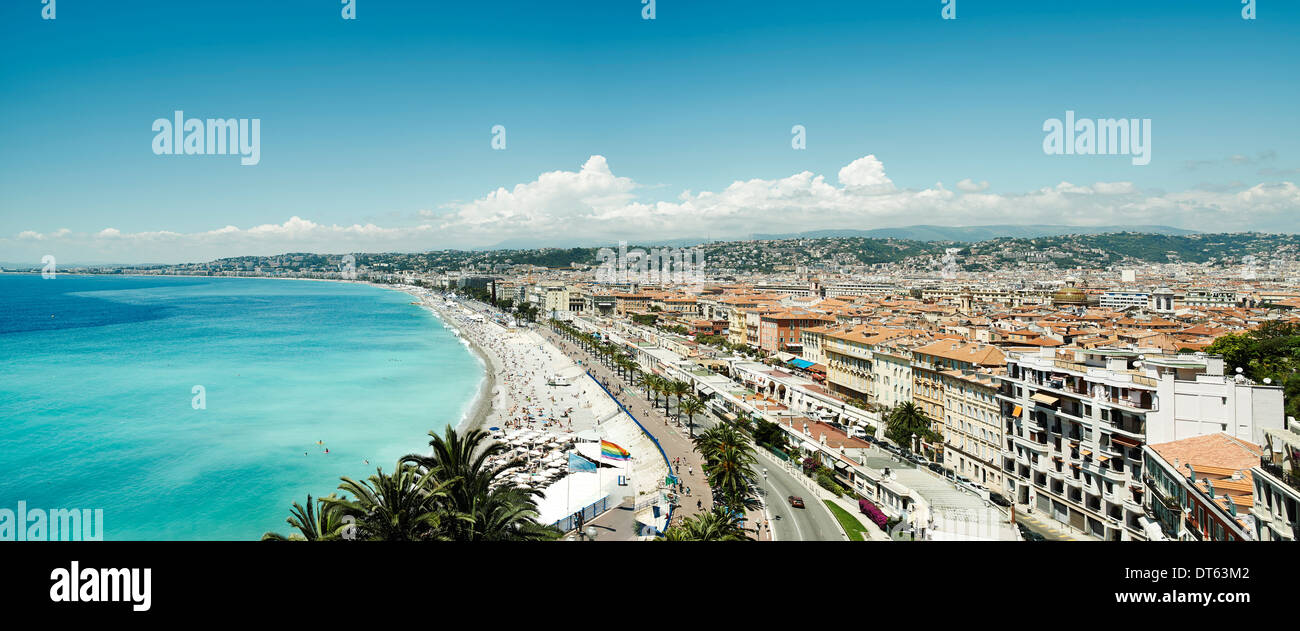 Panoramablick auf Strand und Küste, Nizza, Frankreich Stockfoto