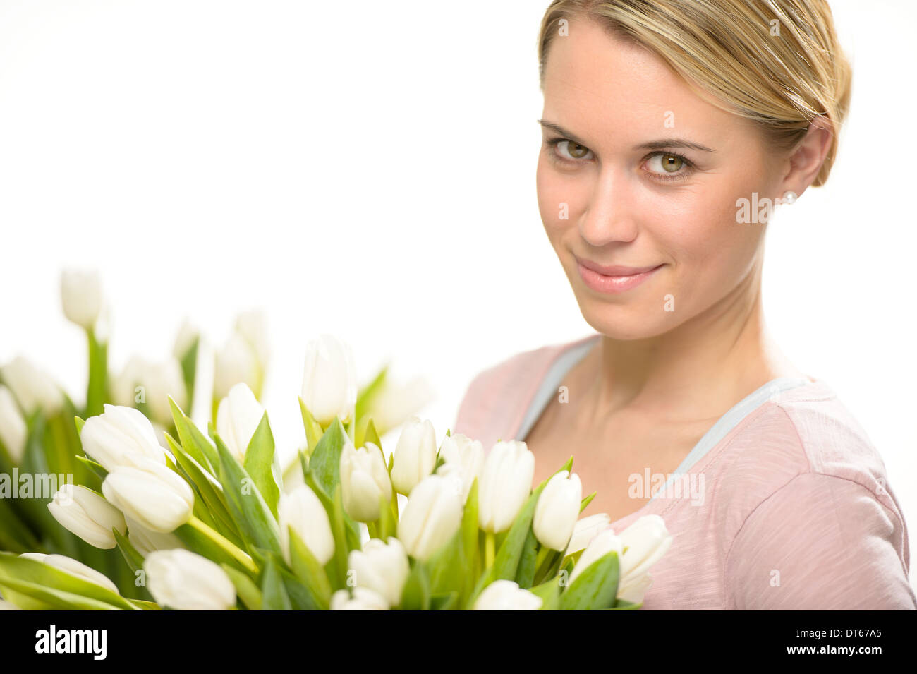 Romantische Frau mit Blumenstrauß weiße Tulpe Stockfoto