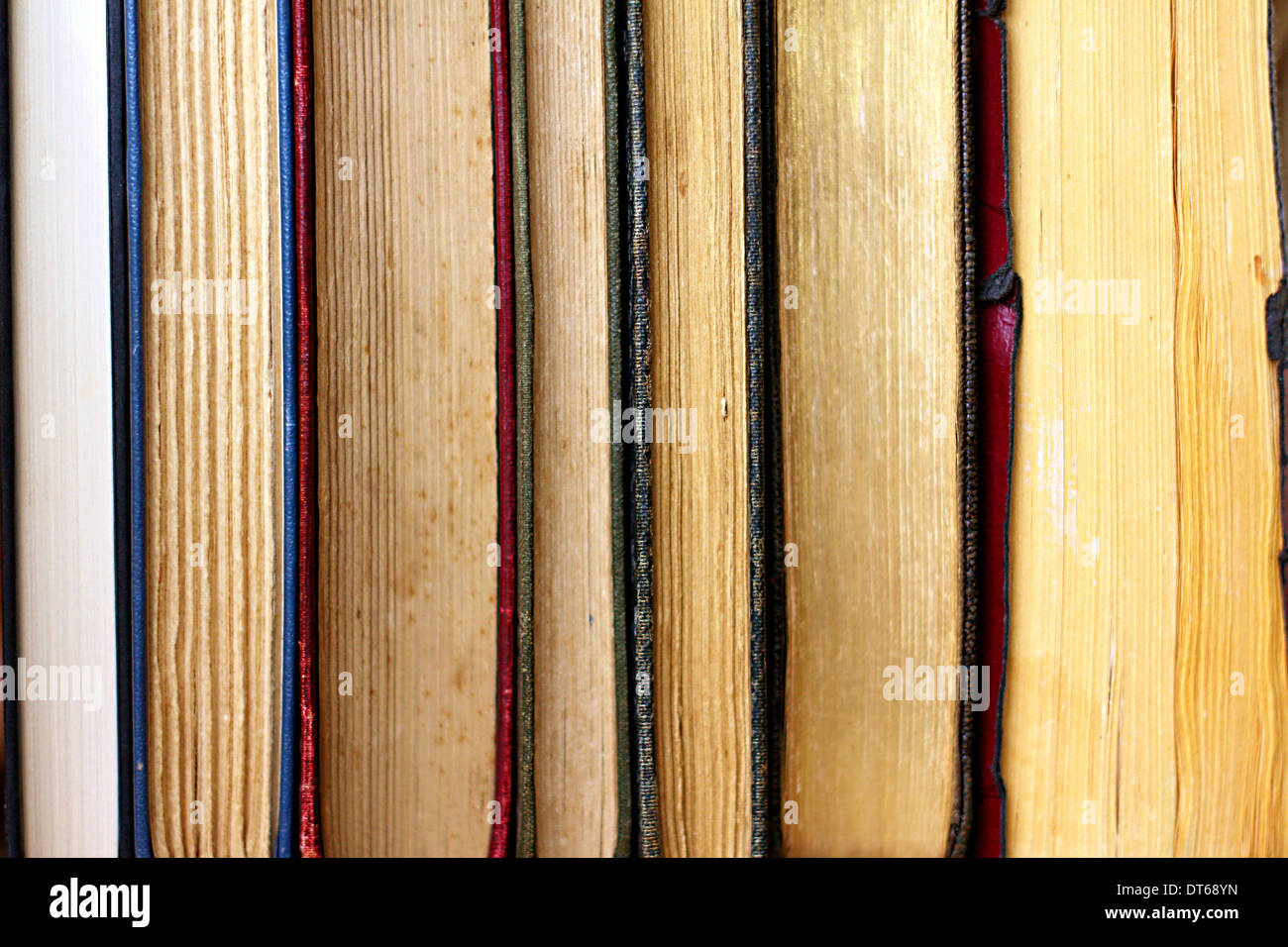 eine Sammlung von Vintage Hardcover-Büchern und Romanen sind hintereinander aufgereiht Stockfoto