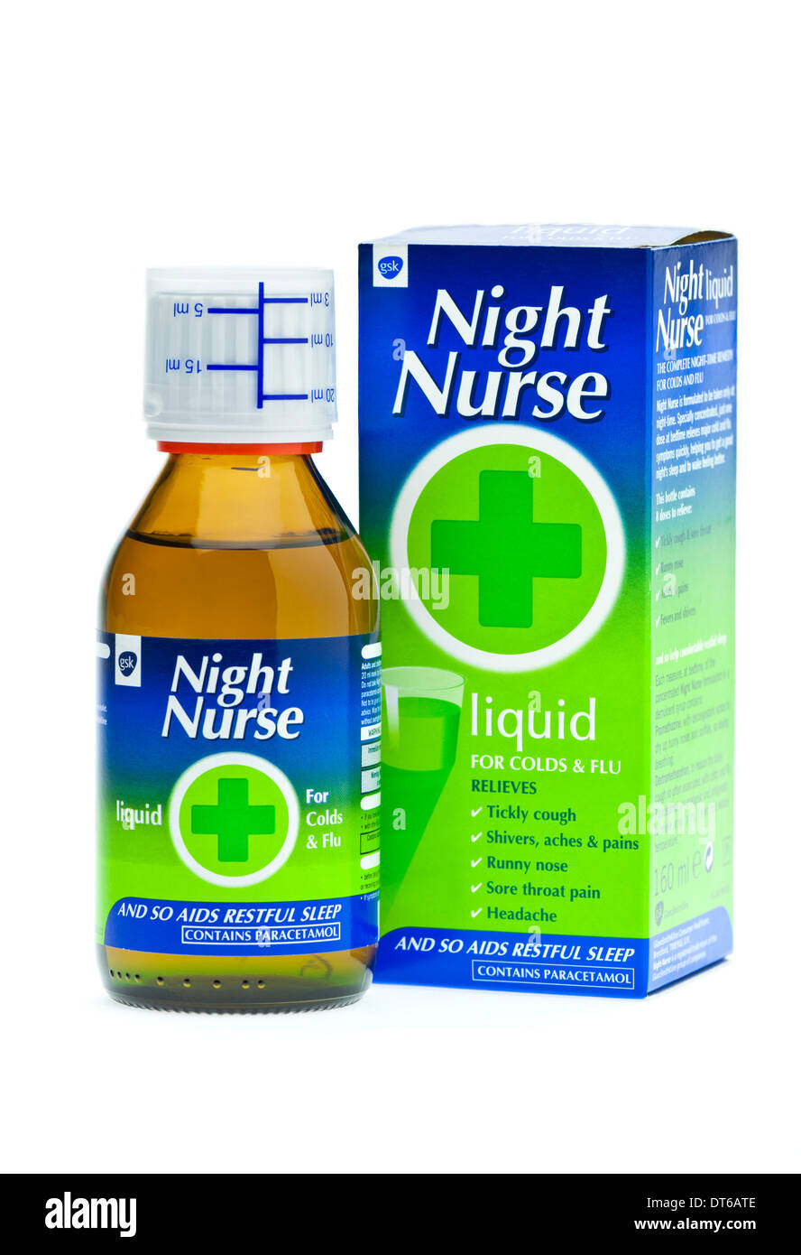Nachtschwester Kälte und Grippe Abhilfe auf weißem Hintergrund Stockfoto