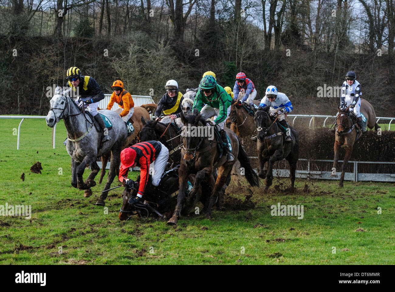 Ein Jockey fällt vom Pferd während einer Punkt-zu-Punkt-Rennen Stockfoto