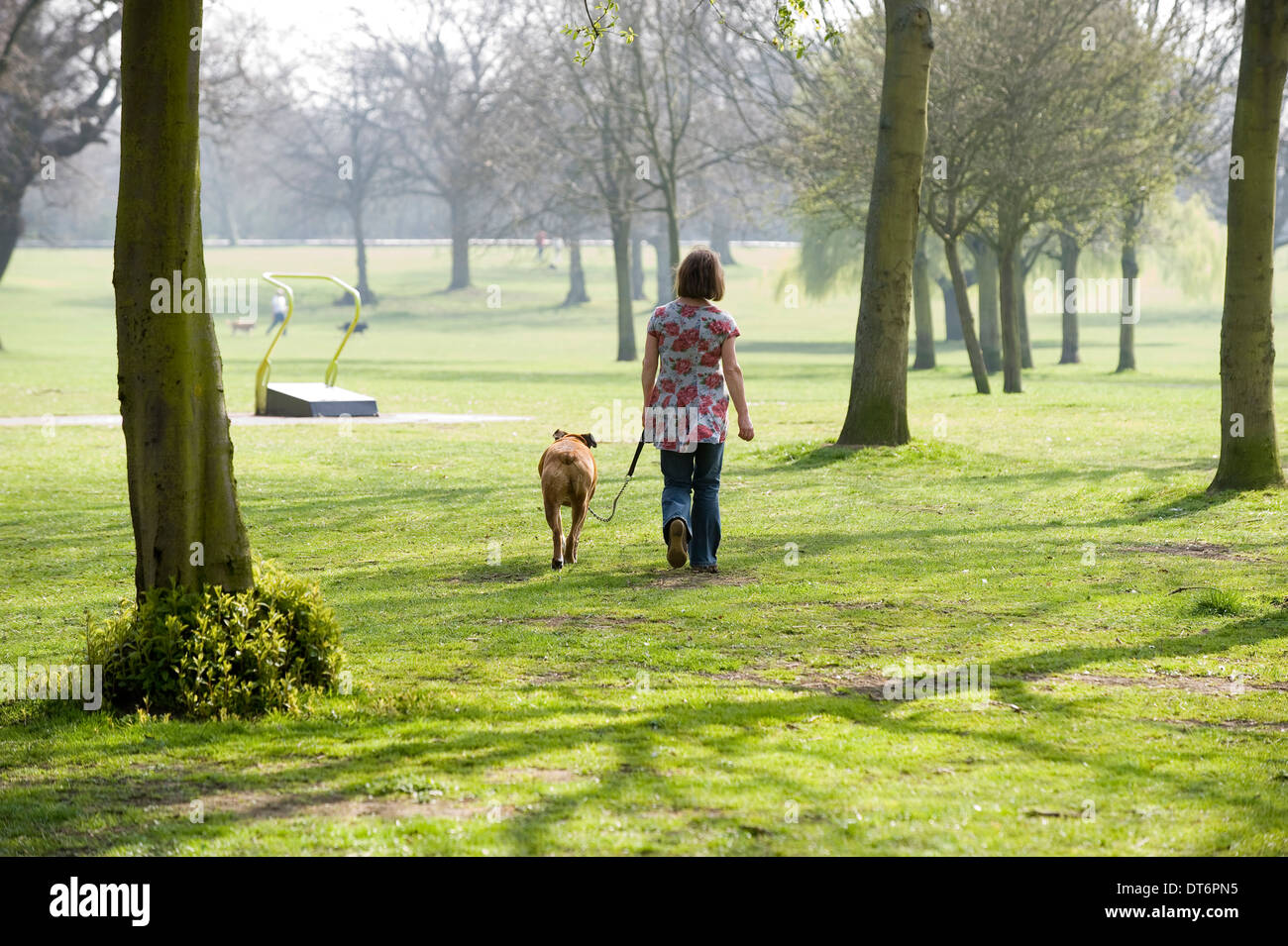 Eine Frau macht einen Spaziergang allein in einem Park mit ihrem Hund an der Leine. Stockfoto