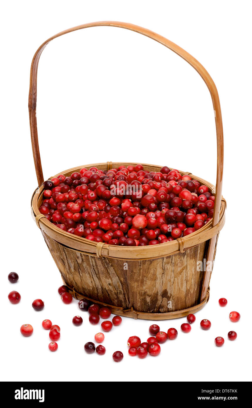 Preiselbeeren in einem hölzernen Korb isoliert auf weißem Hintergrund Stockfoto