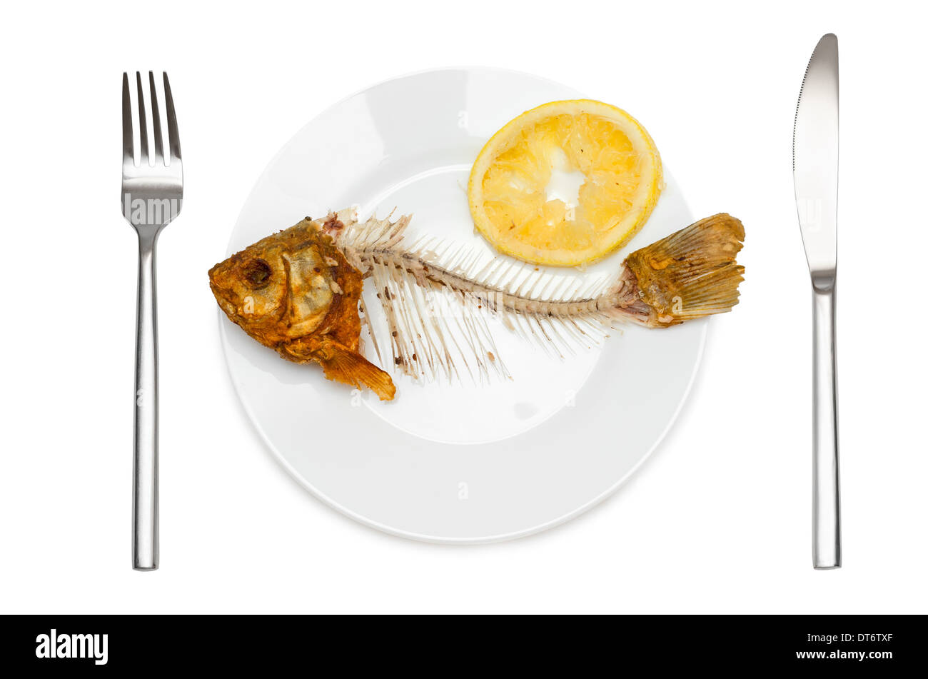 Fisch-Skelett mit gepresste Zitrone auf dem Teller - Symbol für Nahrungsmittelknappheit und Elend. Isoliert auf weißem Hintergrund. Stockfoto