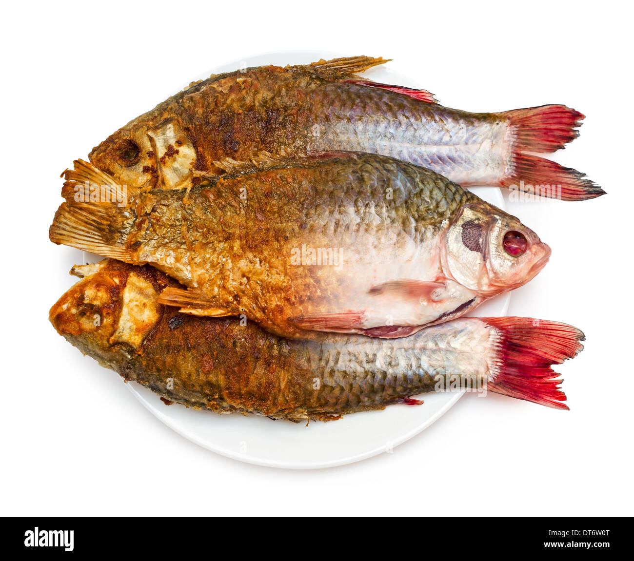 Braten von Fisch. Die Hälfte der Roh- und gebratenen Fisch auf einem Teller, isoliert auf weißem Hintergrund. Stockfoto