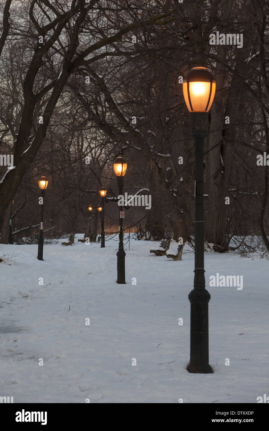 Straßenlaternen in Prospect Park in einem schneereichen Winter in Brooklyn, New York. Stockfoto