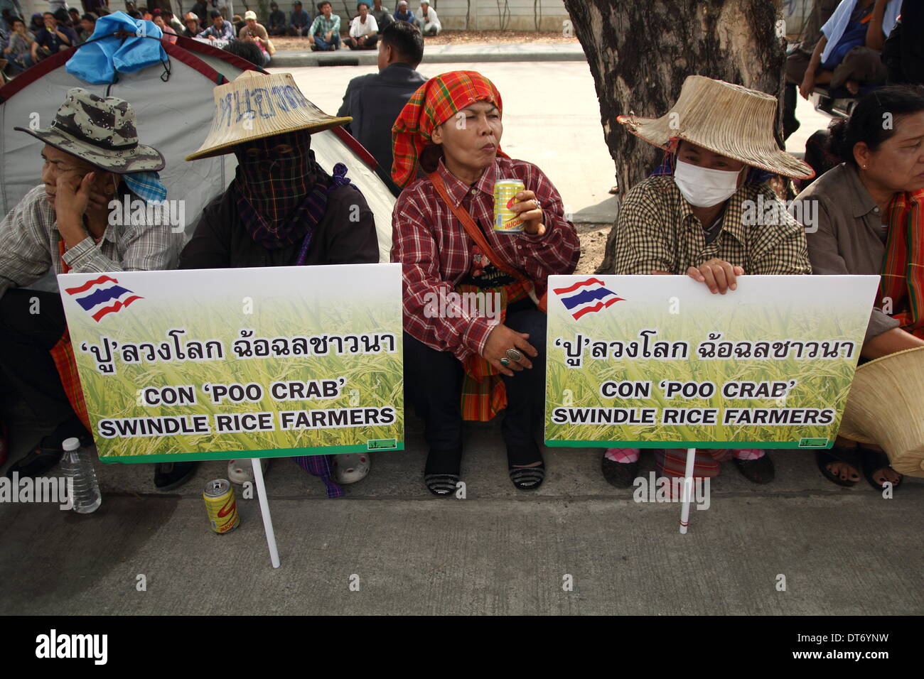 Bangkok, Thailand. 10. Februar 2014. Landwirte halten ihr Slogan während einer Kundgebung auf dem Gelände des Handelsministerium. Reisbauern protestierte verlangen, dass die Regierung für ihren Reis Reis Verpfändung Regelung zahlt. Die Regierung steht nun auch wütende Bauern, wie es gegen 100 Milliarden Thai Baht (3,1 Milliarden US-Dollar) zu erhöhen, die es noch mehr als 1 Million Züchter für Reis verdankt, die es Anfang Oktober gekauft hat. Bildnachweis: Sanji Dee/Alamy Live-Nachrichten Stockfoto