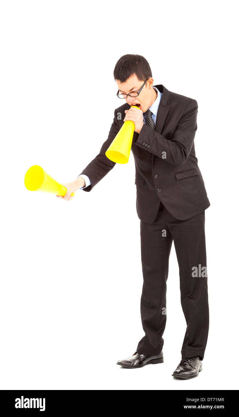 Geschäftsmann Schuld mit Megaphon auf weißem Hintergrund Stockfoto