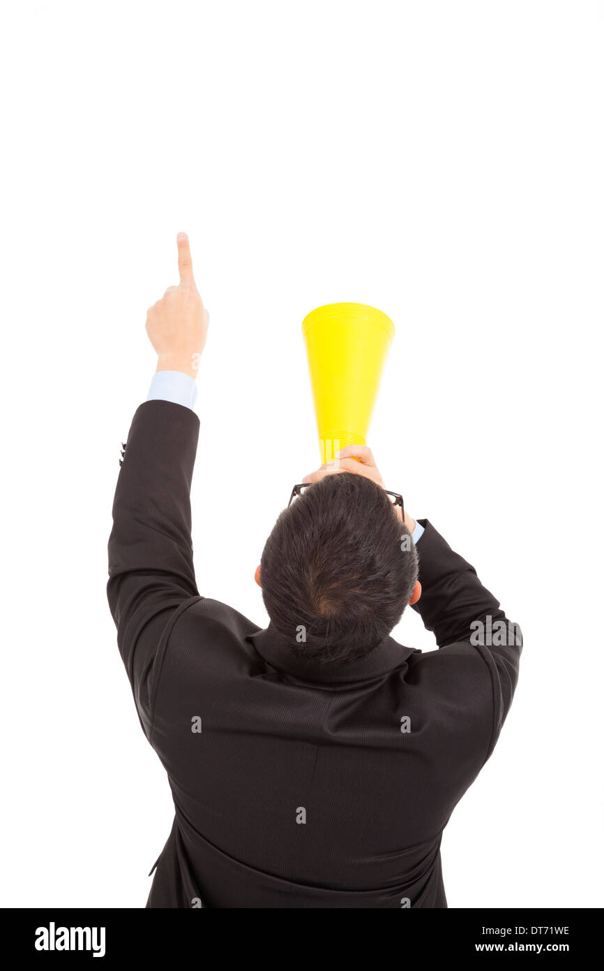 Geschäftsmann nach vorne zeigen mit Jubel Megaphon auf weiß Stockfoto