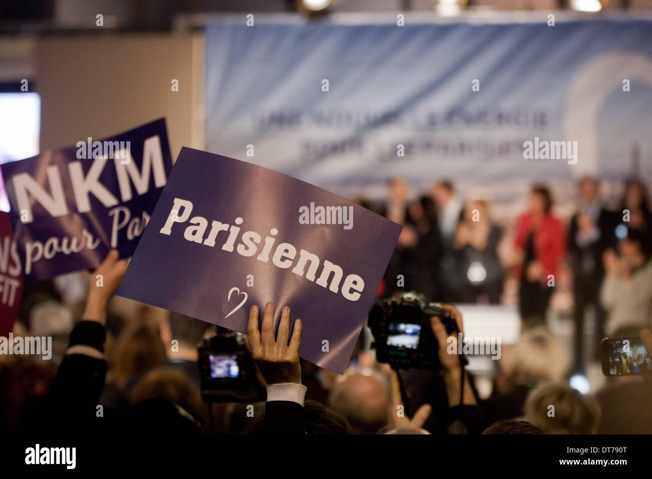 Paris, Frankreich. 10. Februar 2014. Erstes Treffen von Nathalie Kosciusko-Morizet, UMP Kandidat bei der Wahl zum Bürgermeister von Paris in der Japy Turnhalle. Nicolas Sarkozy, dem letzten französischen Präsidenten gab, sie zu unterstützen. Bildnachweis: Michael Bunel/NurPhoto/ZUMAPRESS.com/Alamy Live-Nachrichten Stockfoto