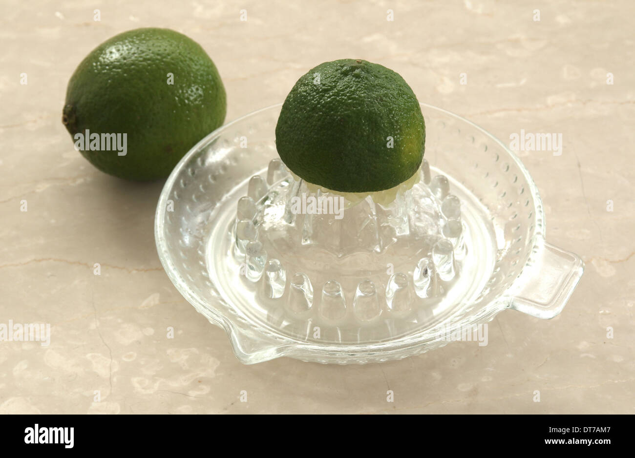 Sammeln von Limettensaft auf einem Glas Saftpresse oder Zitruspresse, auf einem cremefarbenen Marmor Hintergrund (3 0f eine Reihe von 5) Stockfoto
