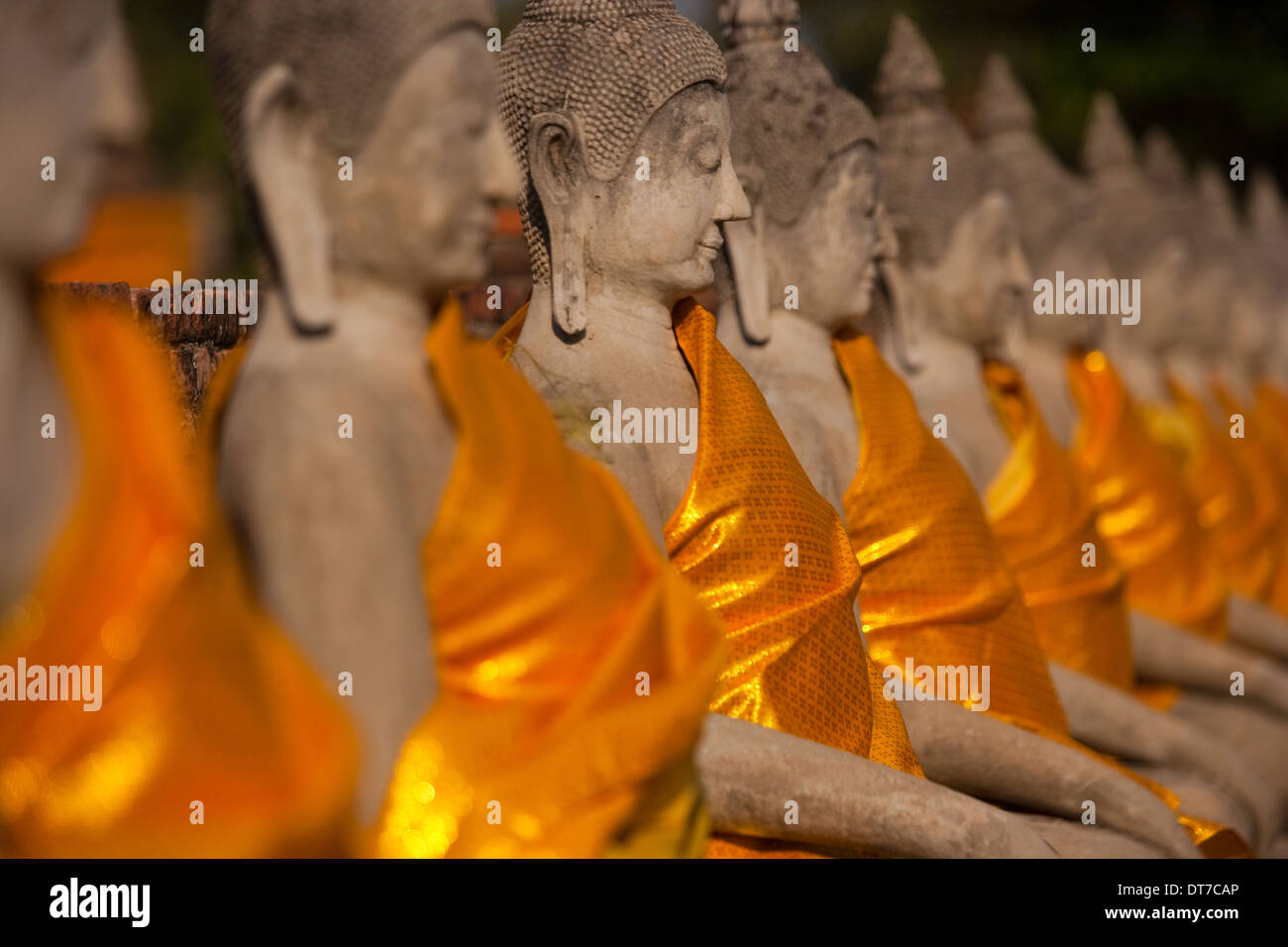 Wat Yai Chai Mongkon eine historische buddhistische Tempel Reihen sitzenden Buddha Statuen Safran Roben Thailand Ayutthaya Historic Park Stockfoto