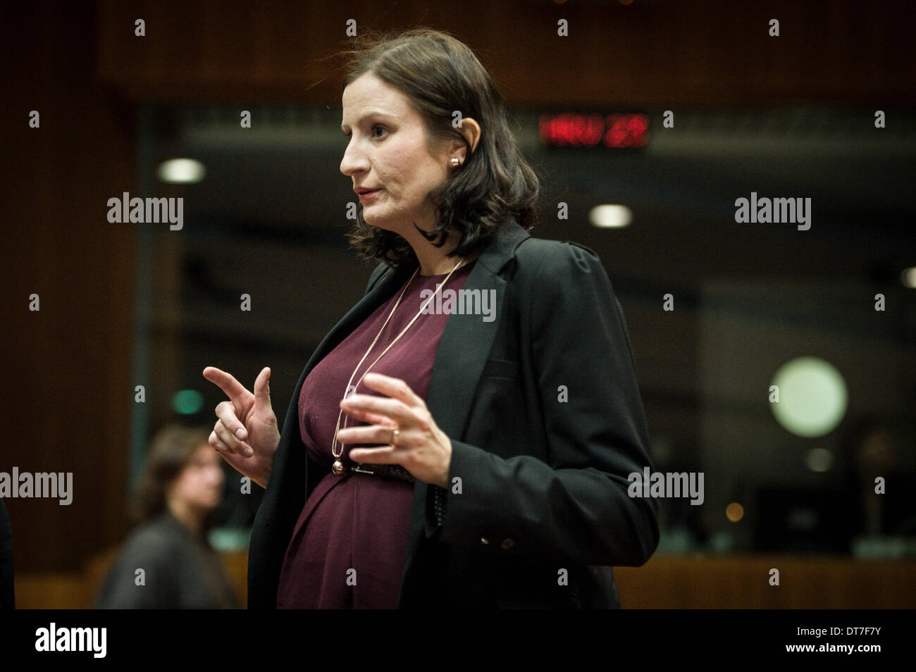 Birgitta Ohlsson Hauptsitz der schwedische Minister für Angelegenheiten der Europäischen Union im allgemeinen Angelegenheit Rat European Affairs Minister beim Europäischen Rat in Brüssel am 11.02.2014, die Minister eine Entscheidung über die Genehmigung für das Inverkehrbringen für Zwecke der Anbau von gentechnisch verändertem Mais 1507 treffen. Der Rat setzte auch eine militärische Operation, zu einer sicheren Umgebung in der Zentralafrikanischen Republik, als autorisierte der Sicherheitsrat der Vereinten Nationen in Auflösung 2134 beizutragen. von Wiktor Dabkowski Stockfoto