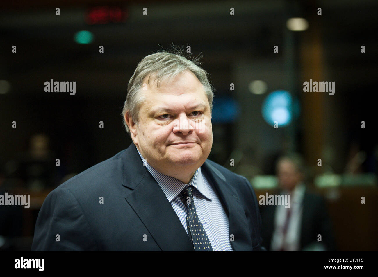 Griechische Außenminister Evangelos Venizelos während allgemeine Angelegenheit Rat European Affairs Minister am Sitz des Europäischen Rates in Brüssel, Belgien auf 11.02.2014, die Minister eine Entscheidung über die Genehmigung für das Inverkehrbringen für Zwecke der Anbau von gentechnisch verändertem Mais 1507 treffen. Der Rat setzte auch eine militärische Operation, zu einer sicheren Umgebung in der Zentralafrikanischen Republik, als autorisierte der Sicherheitsrat der Vereinten Nationen in Auflösung 2134 beizutragen. von Wiktor Dabkowski Stockfoto
