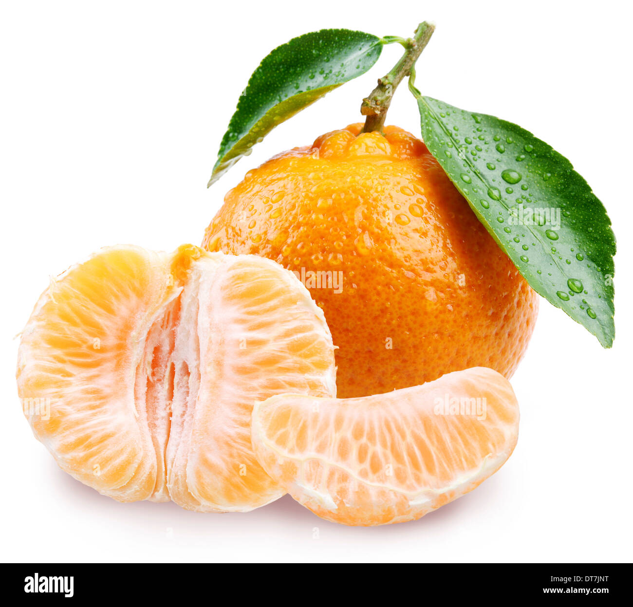 Mandarine mit Scheiben und Wasser Tropfen auf einem weißen Hintergrund. Stockfoto