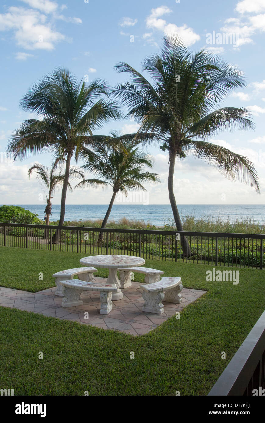 Hotelgarten mit Palmen und Strand. Stockfoto