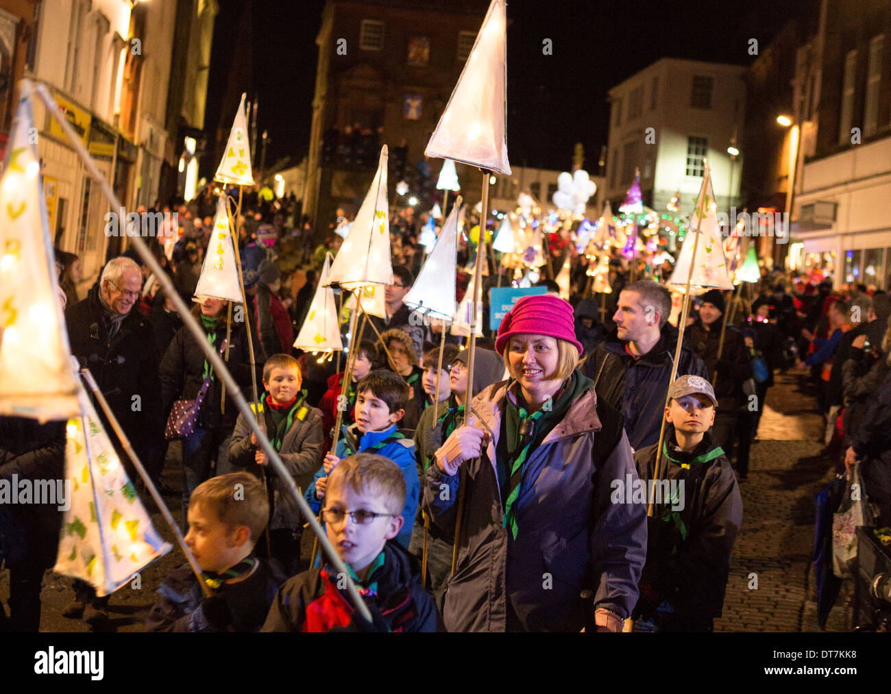 Großen Burns Supper 2014, Heimkehr Karneval durch die Straßen von Dumfries, Gemeinschaft Gruppen Kinder Laternenumzug Stockfoto