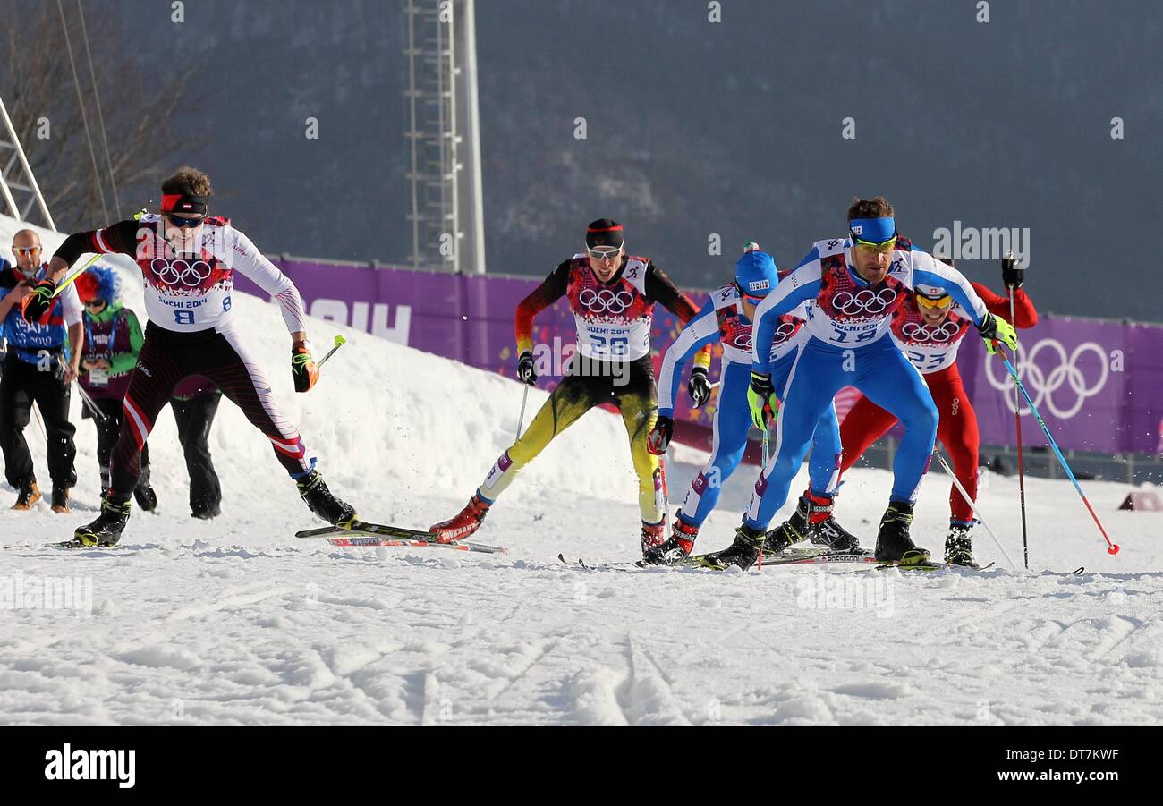 Sotschi, Russland. 11. Februar 2014. Olympischen Winterspiele. LAURA CROSS COUNTRY SKI Centre. Mens freien Wettbewerb cross Country Qualifikationen. Bernhard Tritscher (AUT), Tim Tscharnke (GER), Federico Pellegrino (ITA), David Hofer (ITA) und Roman Schaad (SUI) Credit: Action Plus Sport/Alamy Live News Stockfoto