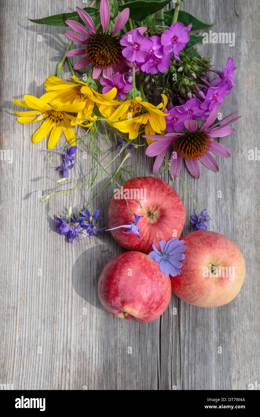Stillleben mit Gartenblumen und Äpfel auf einem Holzbrett ländlichen Stockfoto