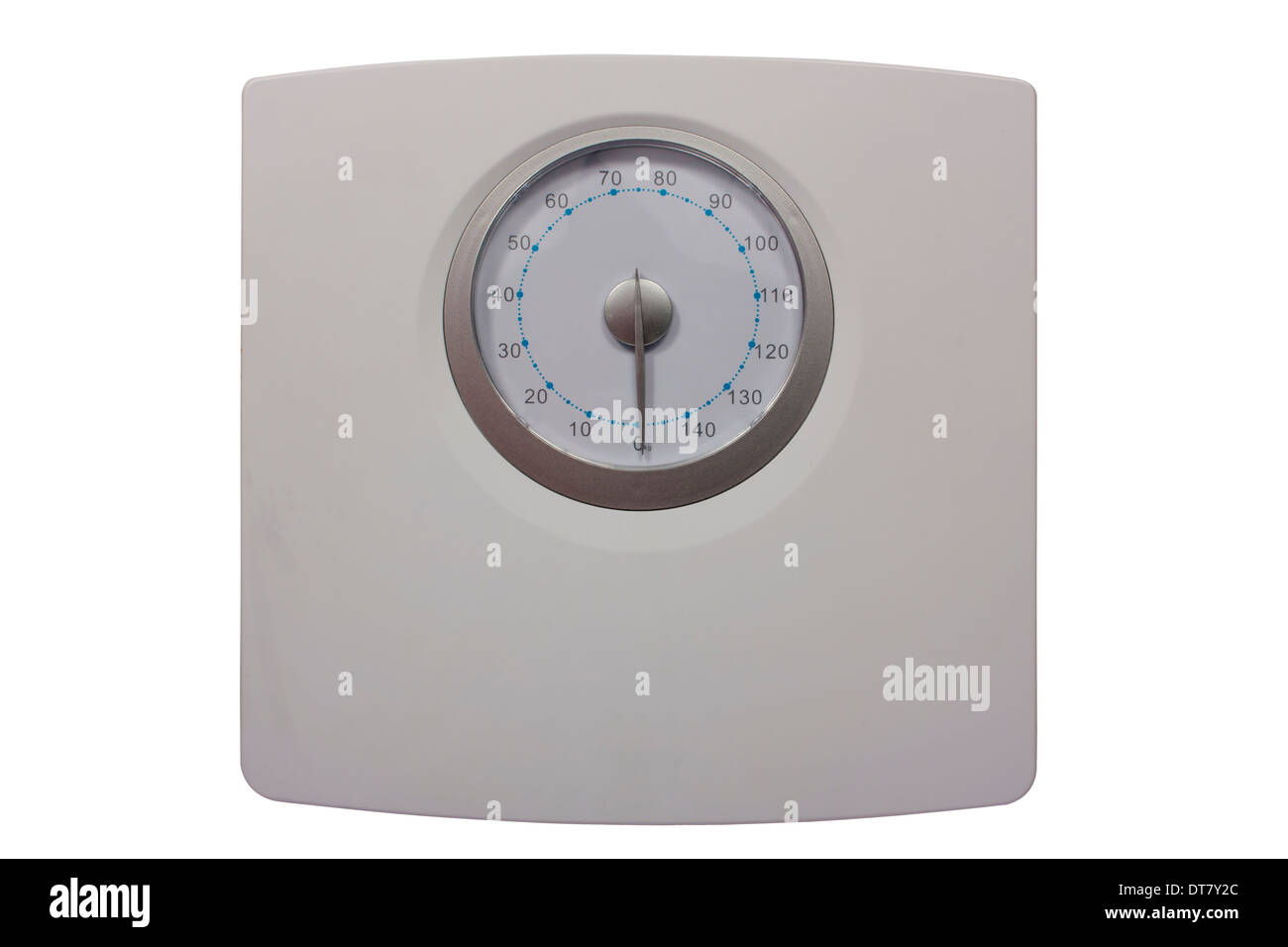 Maßstab für die Aufbewahrung unter Beobachtung des Gewichts isoliert auf weißem Hintergrund Stockfoto