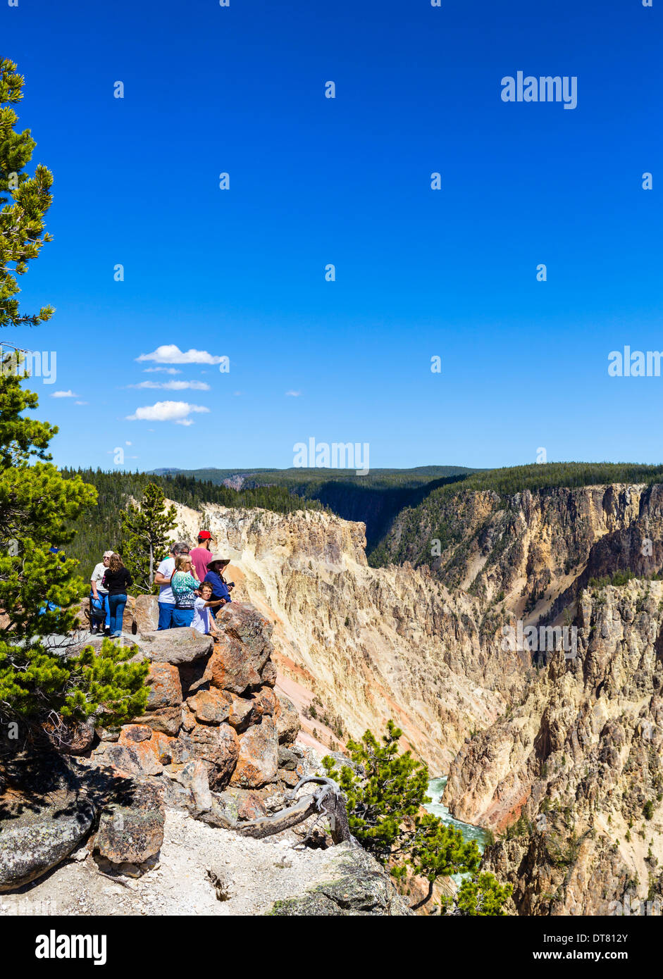 Touristen im Grand View am North Rim mit Blick auf den Grand Canyon des Yellowstone, Yellowstone-Nationalpark, Wyoming, USA Stockfoto