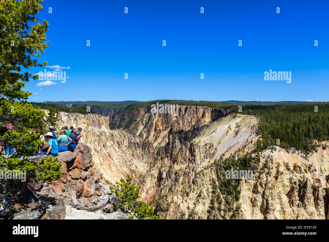 Touristen im Grand View am North Rim mit Blick auf den Grand Canyon des Yellowstone, Yellowstone-Nationalpark, Wyoming, USA Stockfoto