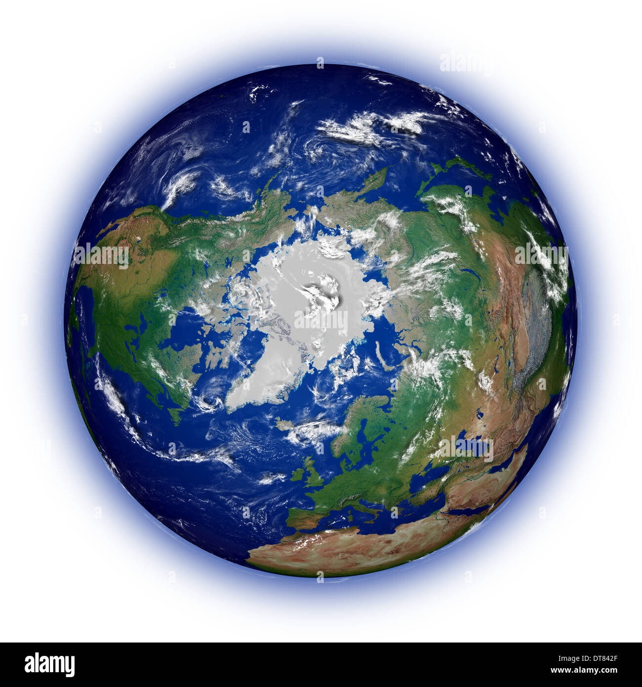 Nordhalbkugel der Erde von oben Nordpol isoliert auf weißem Hintergrund gesehen. Mit hohem Detailgrad Planetenoberfläche. Elemente des Bildes von der NASA eingerichtet. Stockfoto