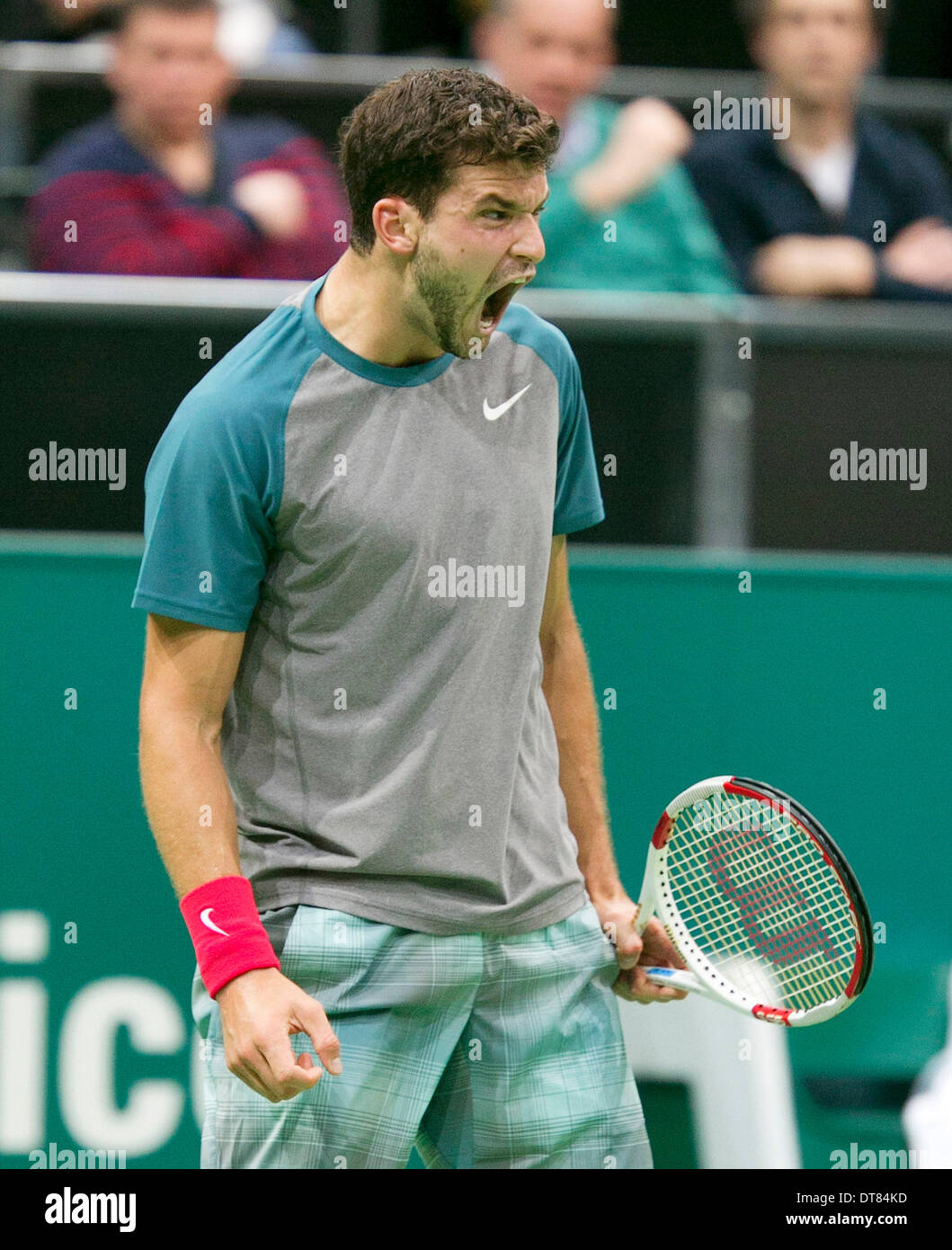 Grigor Dimitrov(BUL) schreit nach dem Sieg über Dmitry Tursunov(RUS) Credit: Henk Koster/Alamy Live News Stockfoto