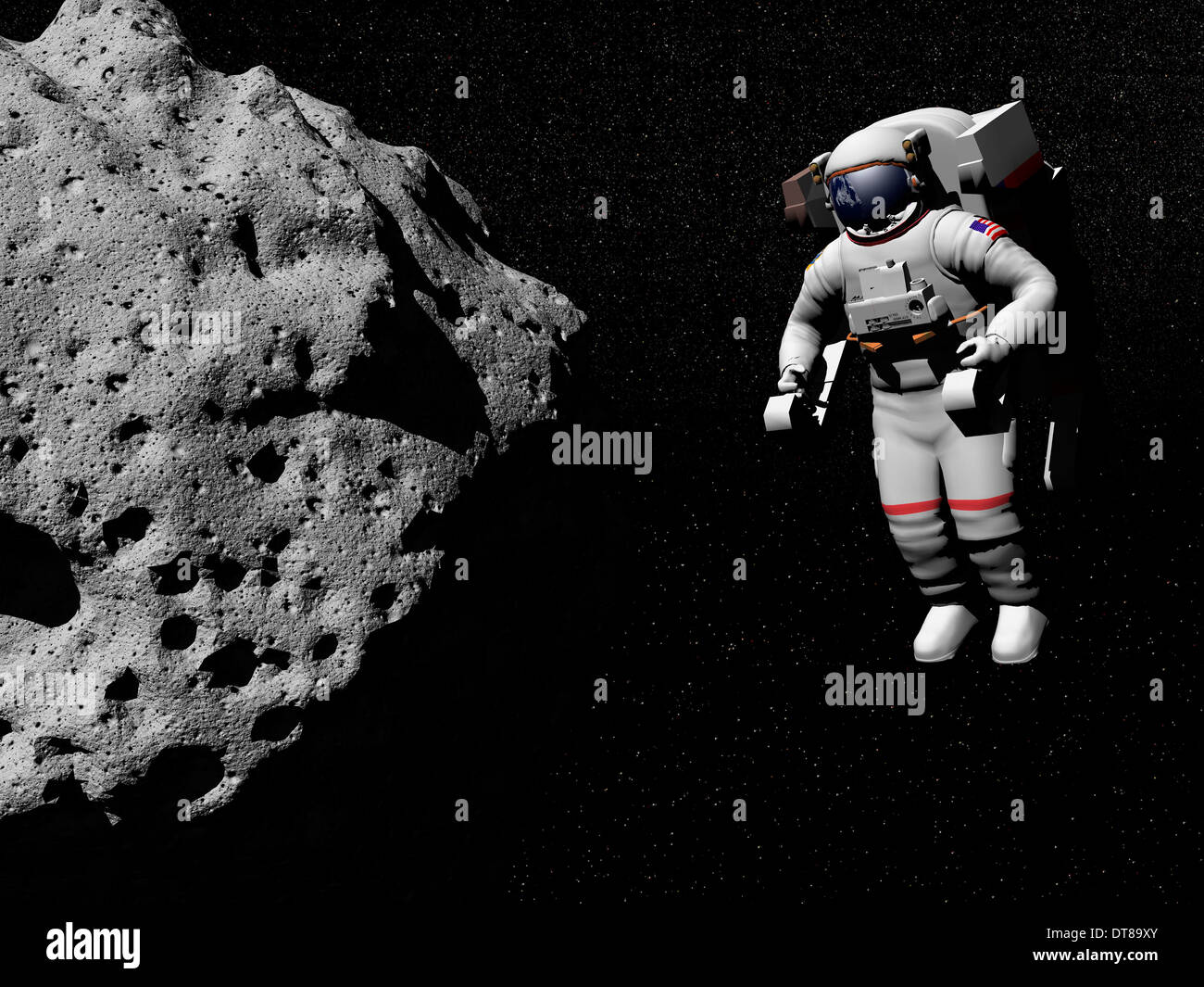Astronaut einen Asteroiden im Weltraum zu erforschen. Stockfoto