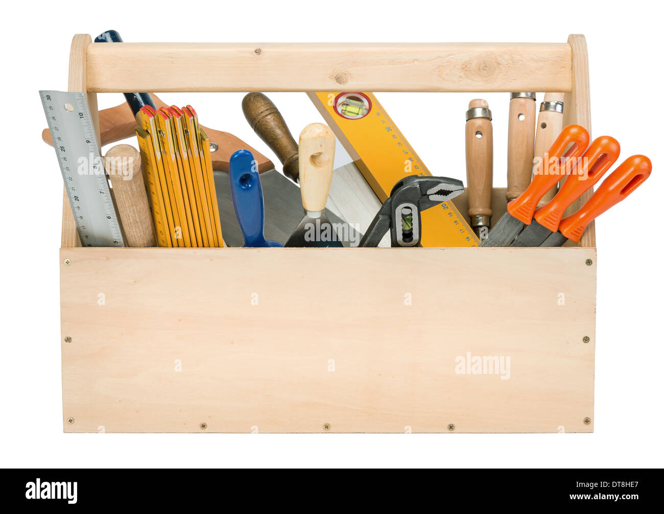 Holz Werkzeugkasten mit Werkzeugen isoliert auf weiss Stockfoto